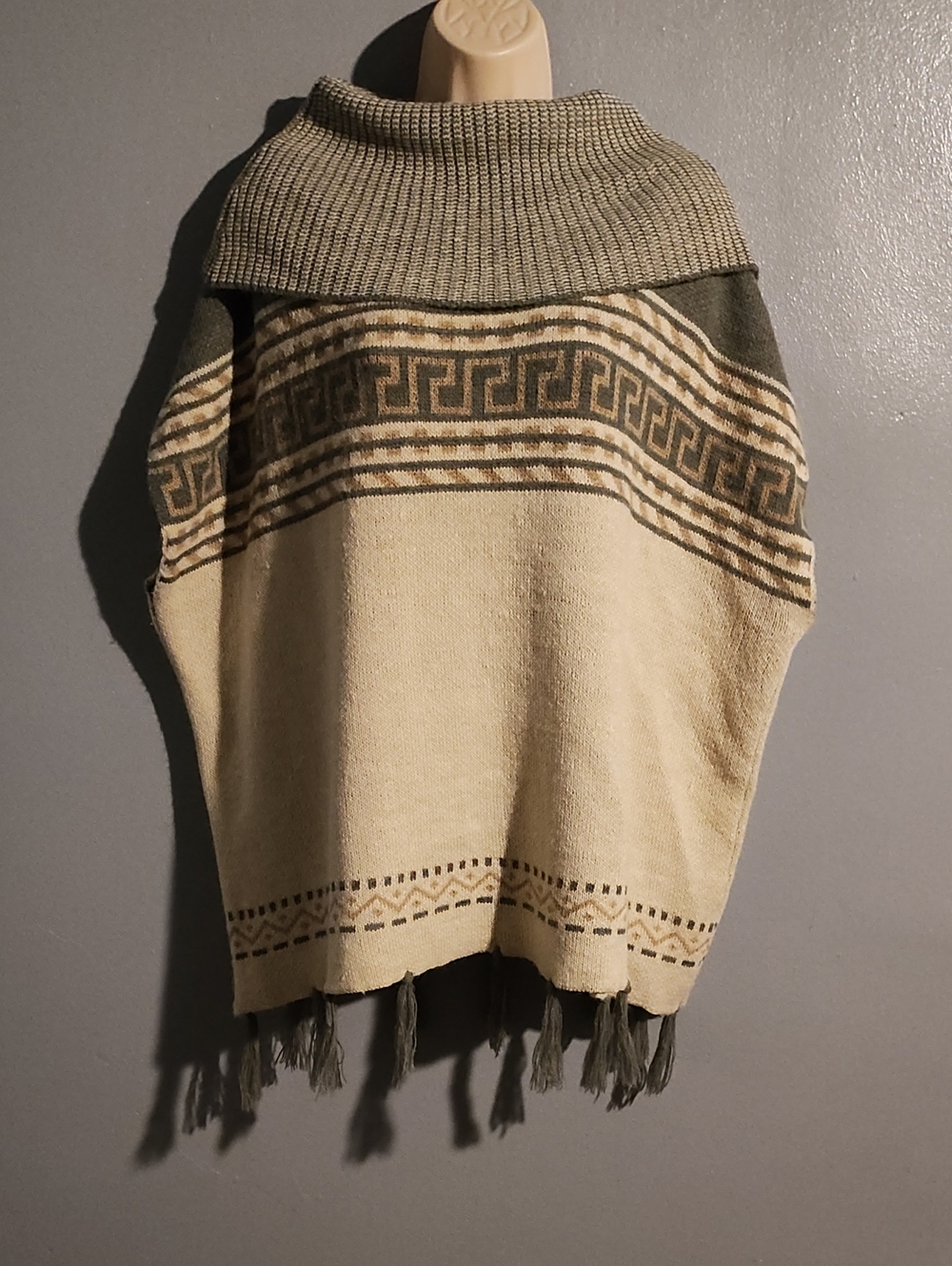 GxF Cozy Cream & Olive Knit Poncho with Fringe